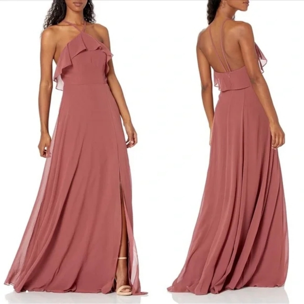 Jenny Yoo Jada Gown Halter Ruffle Top Long Bridesmaid Dress In Cinnamon Rose 2